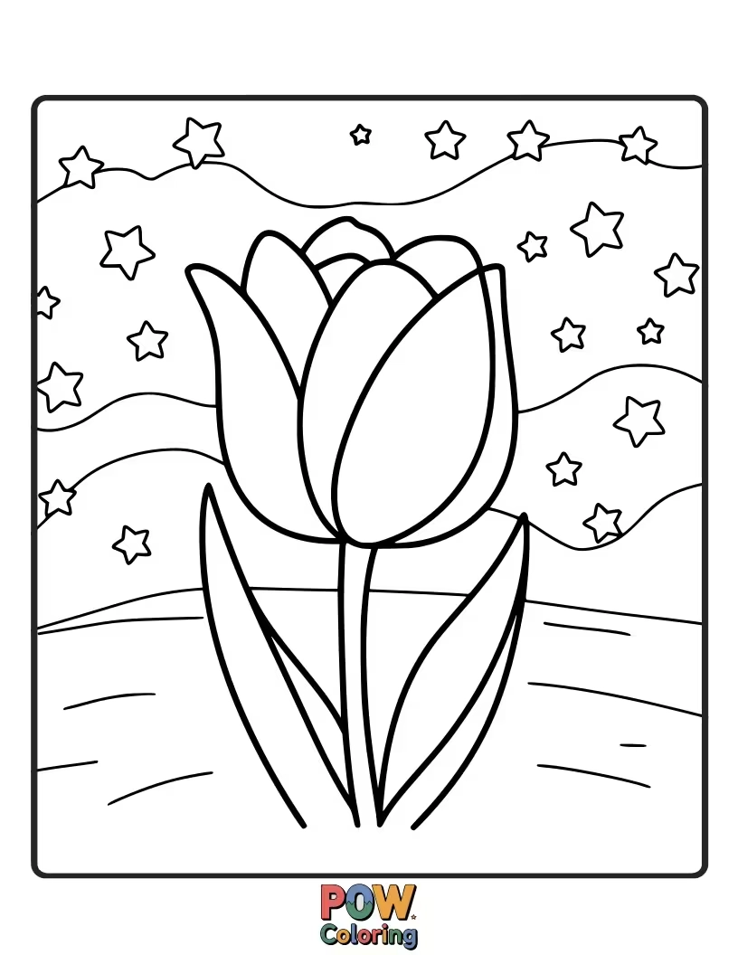 Free coloring page of Tulips blooming under a canopy of stars and a crescent moon. A serene and dreamy landscape to color.