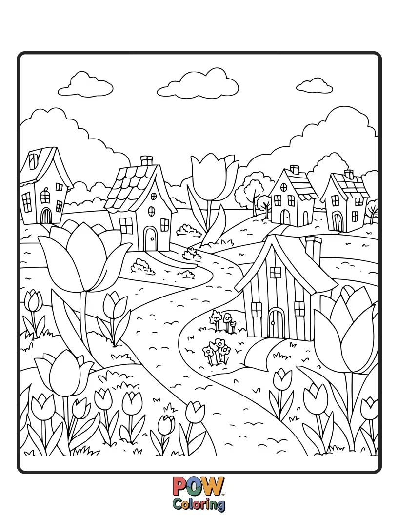 Free coloring page of A charming village with houses and trees, all decorated with blooming tulips. A quaint and detailed landscape.