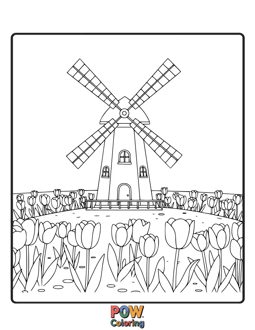 Free coloring page of A quaint windmill surrounded by blooming tulips. A picturesque countryside setting for a delightful coloring experience.