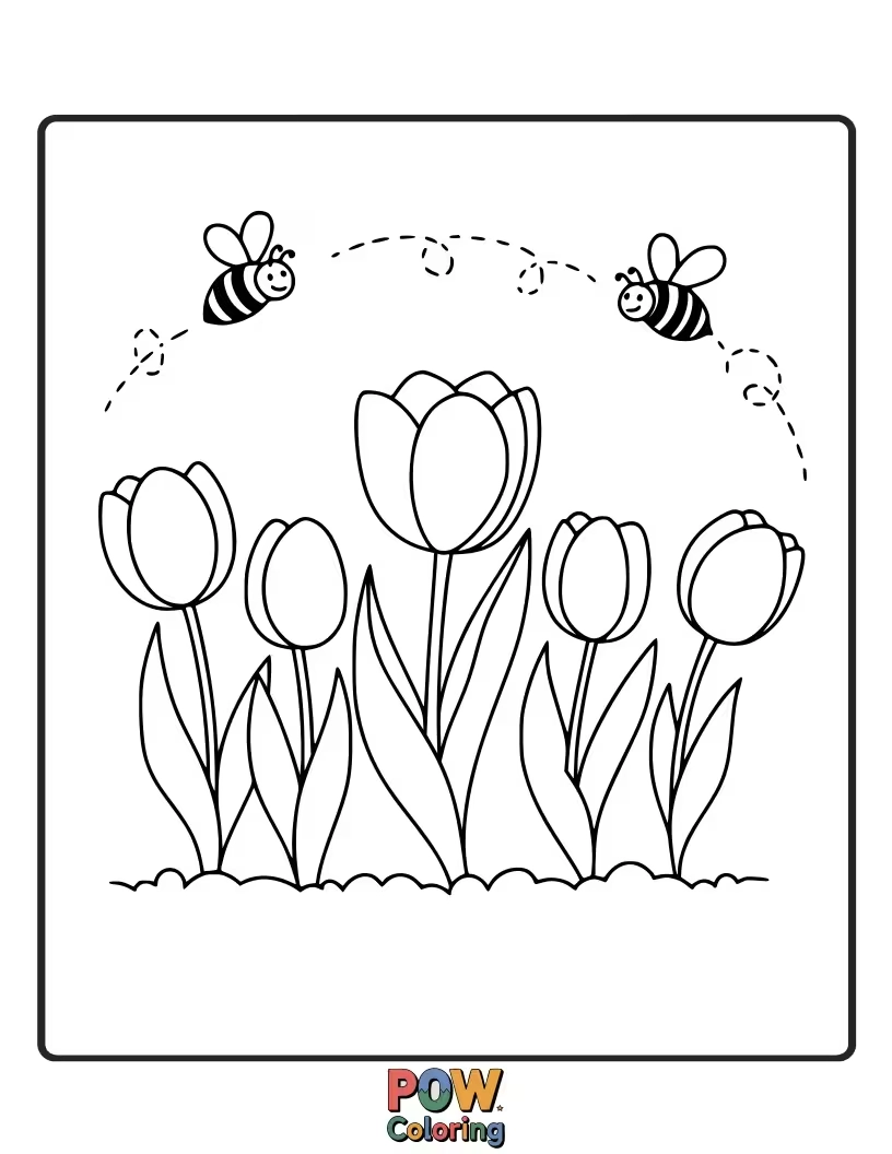 Free coloring page of Friendly bees buzzing happily around a cluster of tulips. A perfect way to learn about pollination and nature.