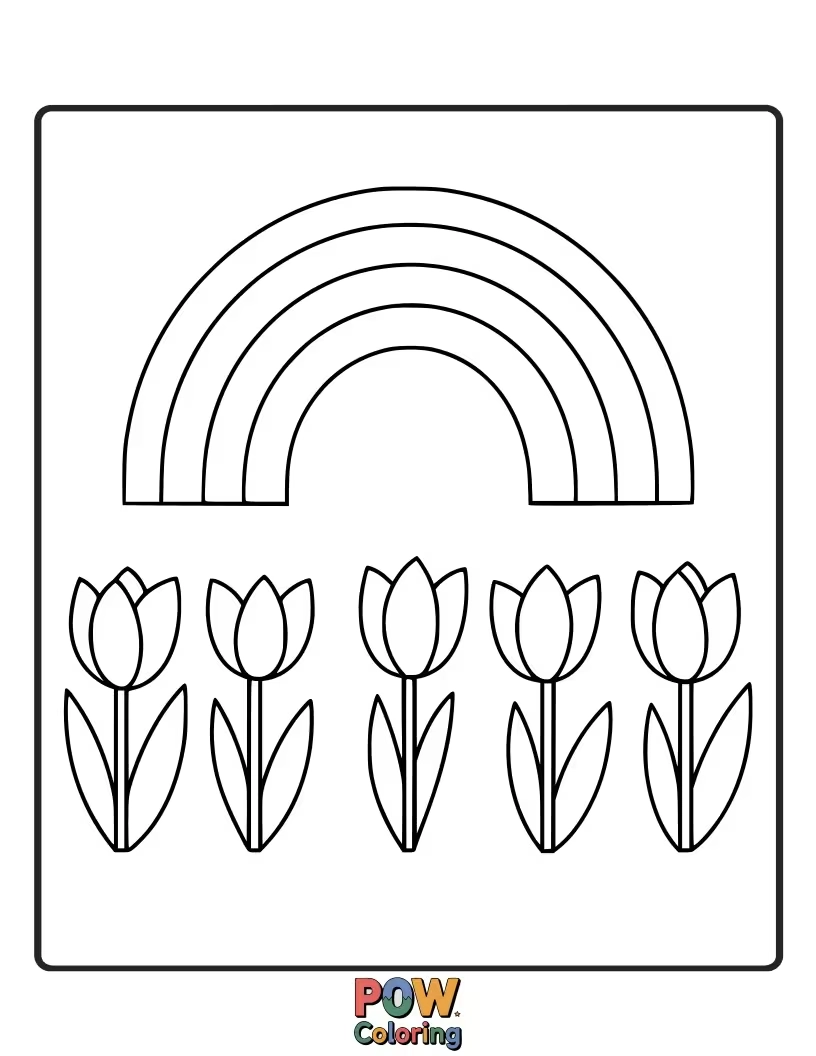 Free coloring page of Tulips blooming beneath a beautiful rainbow arch. A classic combination for a cheerful and colorful picture.