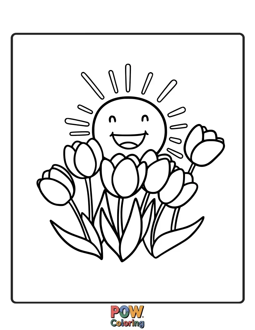 Free coloring page of Tulips basking in the warmth of a smiling sun. A cheerful scene to brighten any coloring session.