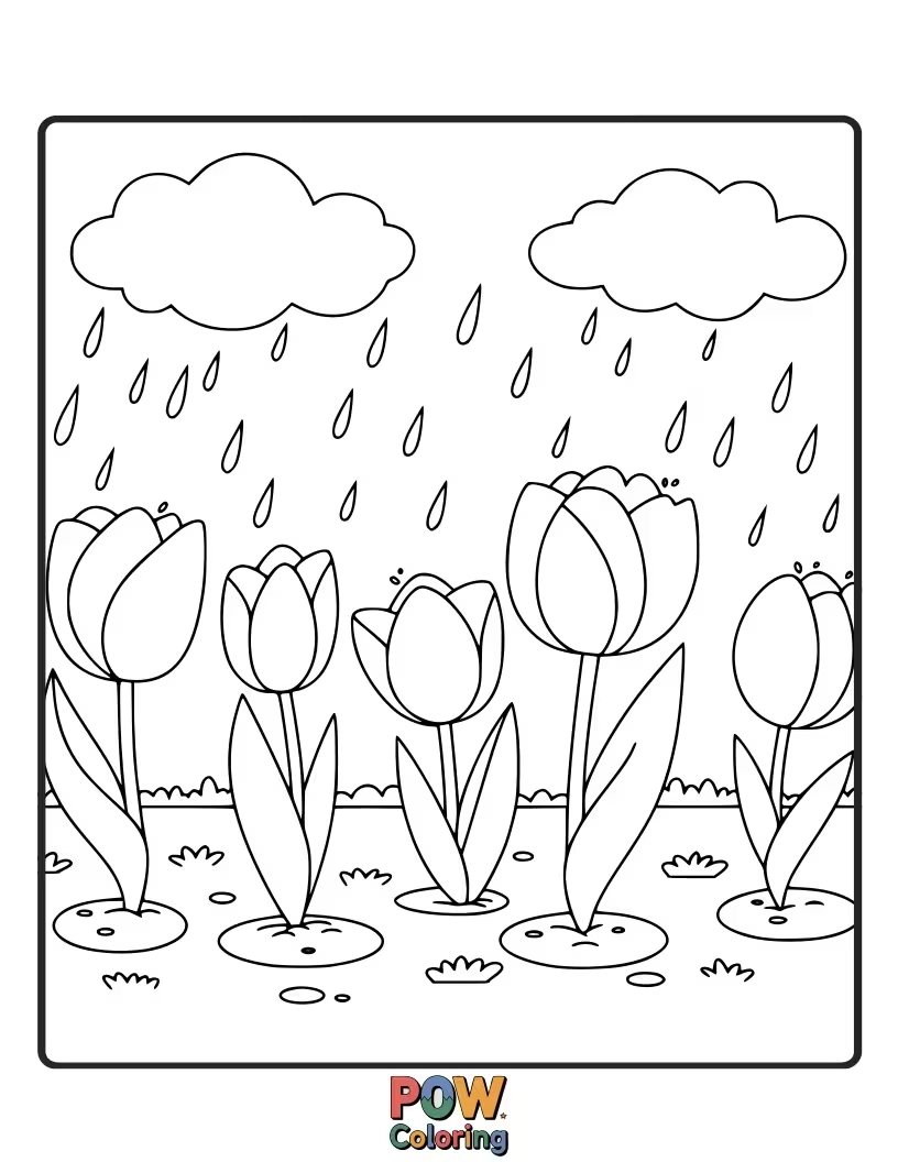 Free coloring page of Tulips glistening with raindrops after a spring shower. A refreshing scene to capture the essence of the season.