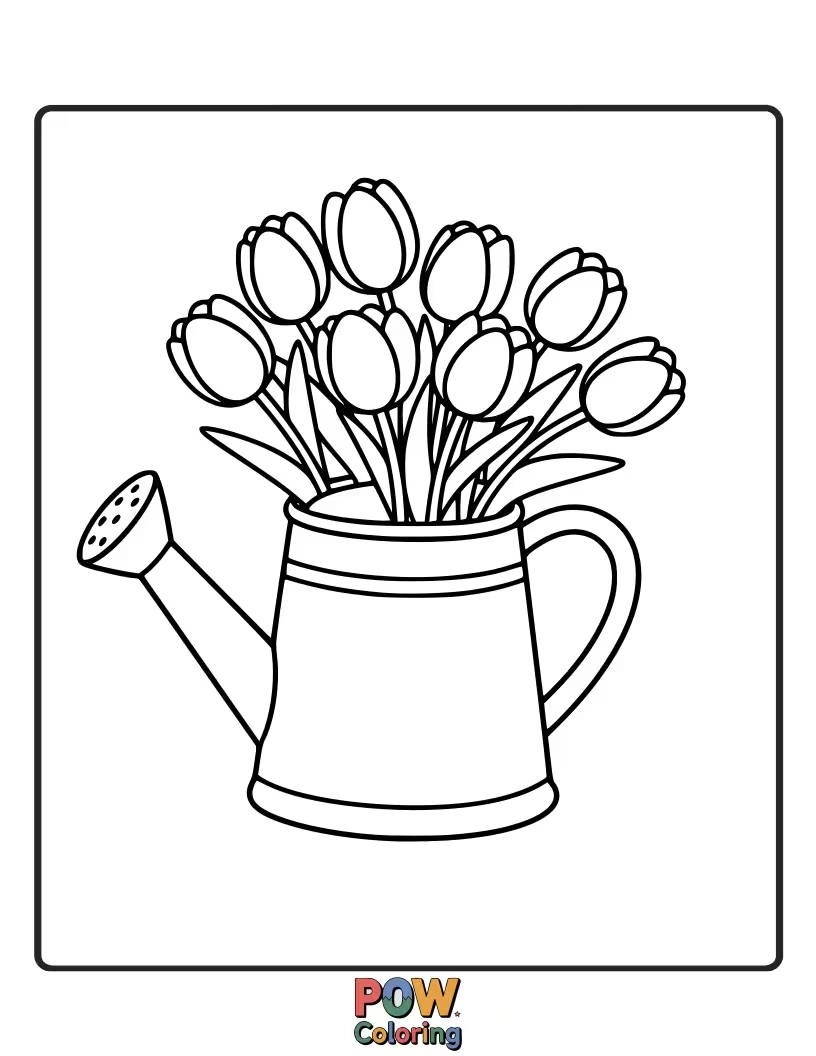 Free coloring page of Freshly picked tulips overflowing from a charming watering can. A simple yet delightful scene for easy coloring.