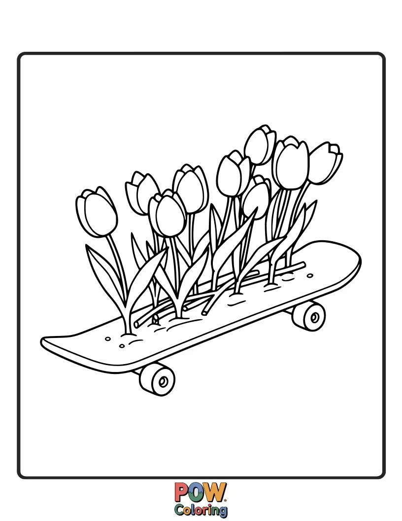 Free coloring page of A cool skateboard adorned with vibrant tulip designs. A fun scene for active and artistic kids.