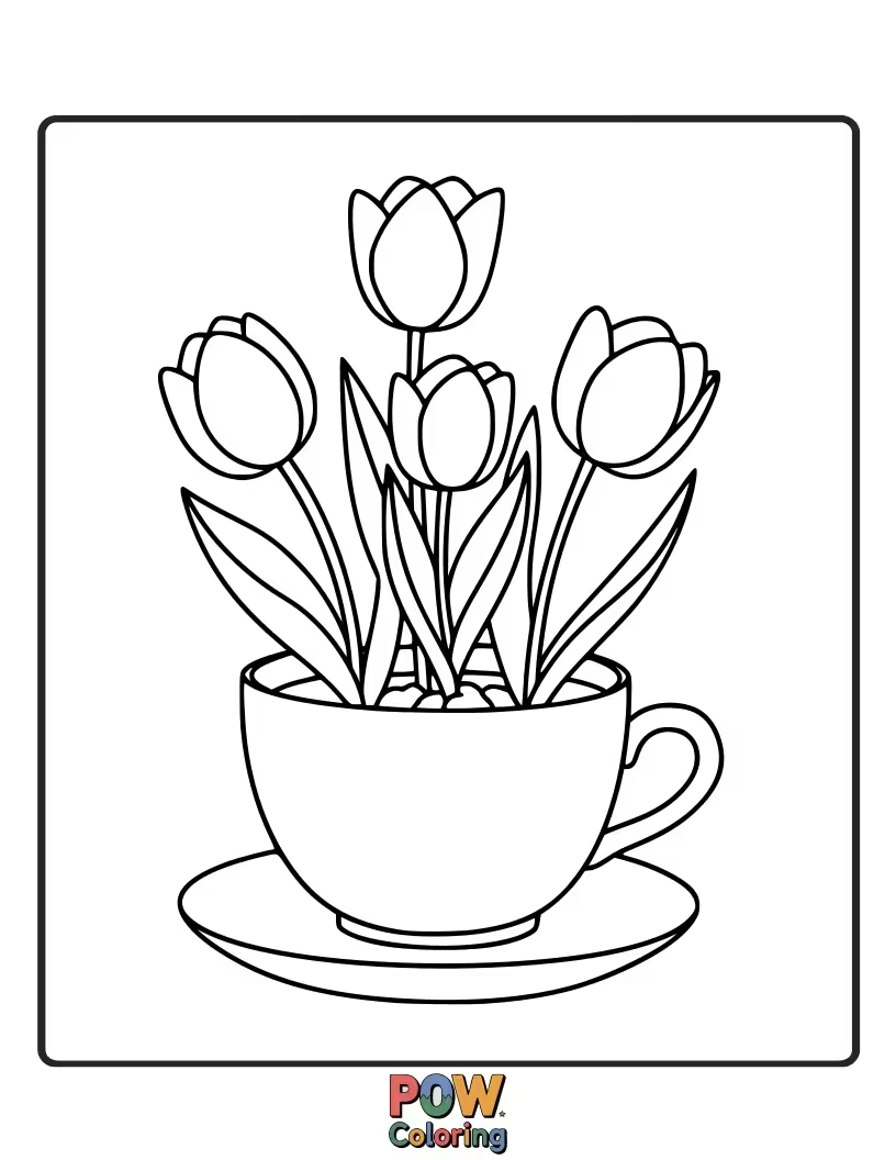 Free coloring page of Delicate tulips elegantly arranged inside a teacup. A charming and sophisticated still life for coloring.