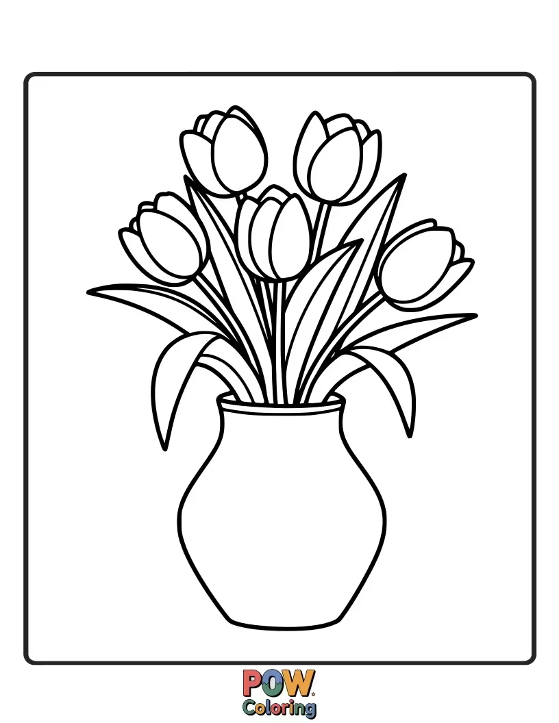 Free coloring page of Elegant tulips arranged beautifully in a decorative vase. This classic scene offers opportunities for color coordination and shading.