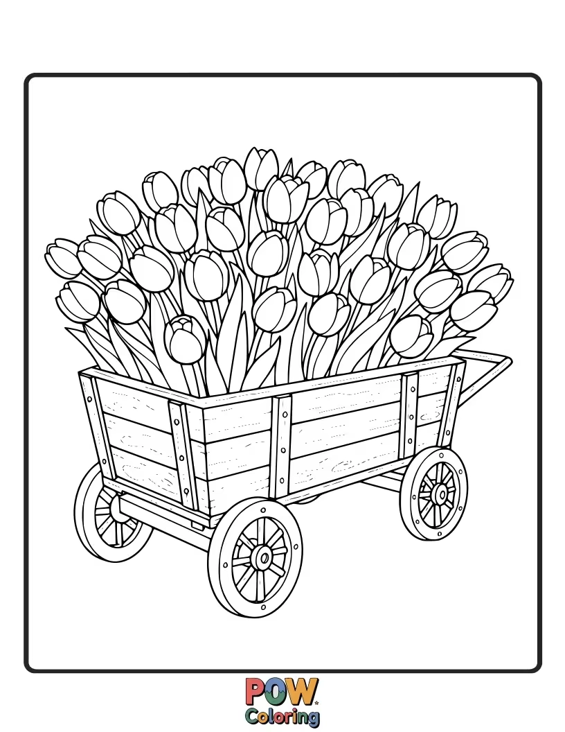 Free coloring page of A charming wagon filled to the brim with colorful tulips. A delightful scene for practicing drawing and coloring wagons.