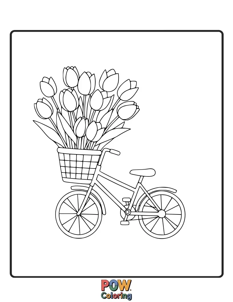 Free coloring page of A cheerful bicycle adorned with blooming tulips. A delightful way to practice coloring vehicles and nature.