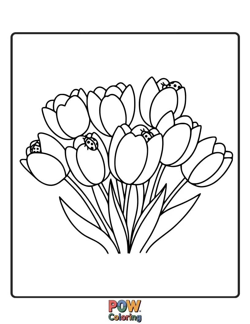 Free coloring page of Sweet tulips dotted with adorable ladybugs crawling on their petals. A delightful scene for young nature lovers.