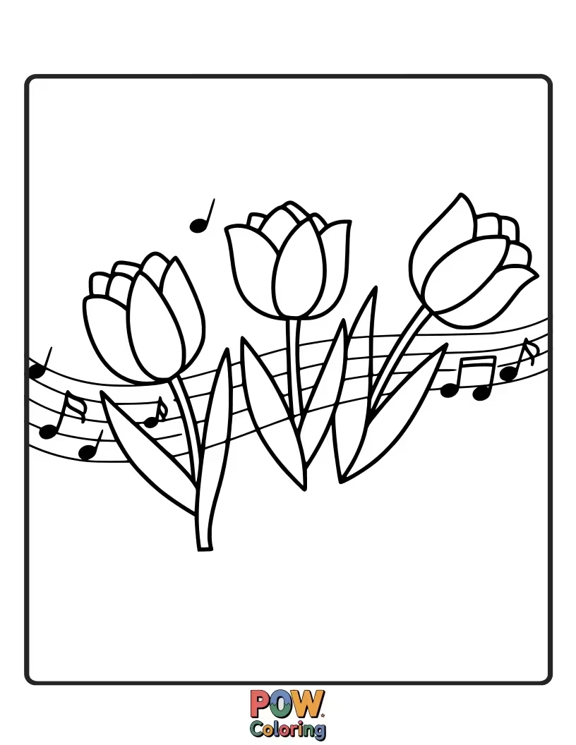 Free coloring page of Lively tulips surrounded by floating musical notes. A harmonious design for music lovers and creative artists.