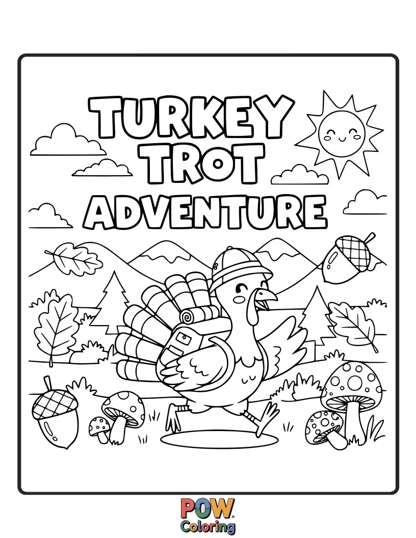 Free coloring page of A playful turkey leads a parade of autumn leaves and smiling pumpkins through a whimsical forest. Energetic and fun!