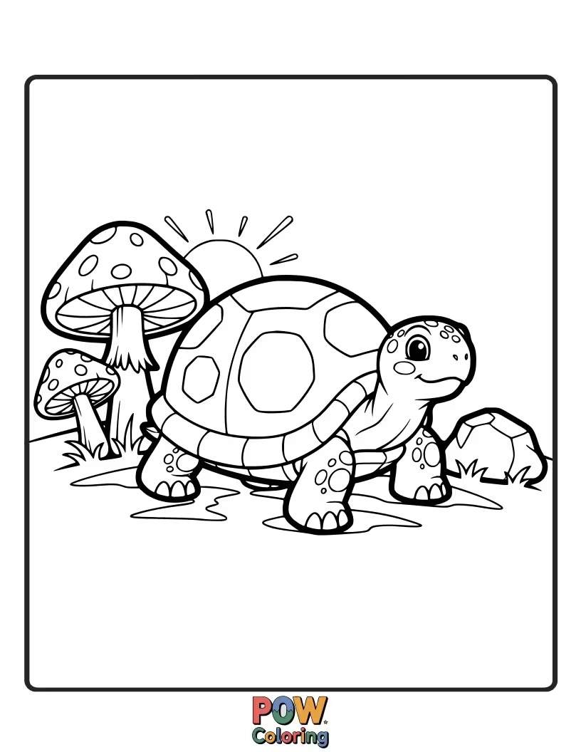 Free coloring page of A slow-moving turtle peeking out from its shell, surprised to find a decorated Easter egg.