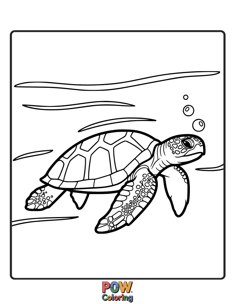 Free coloring page of A wise old turtle with a patterned shell moves serenely through calm water, surrounded by gentle waves.