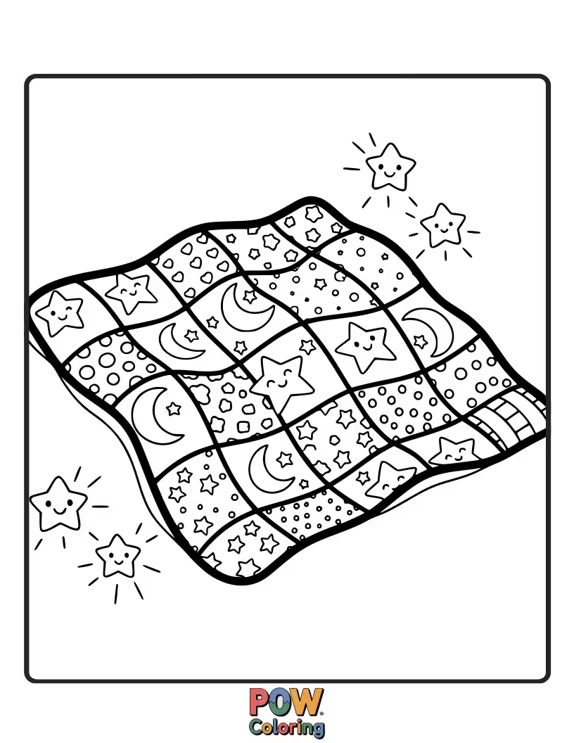 Free coloring page of Stars and a smiling moon scattered across a serene blanket, just like the lullaby.
