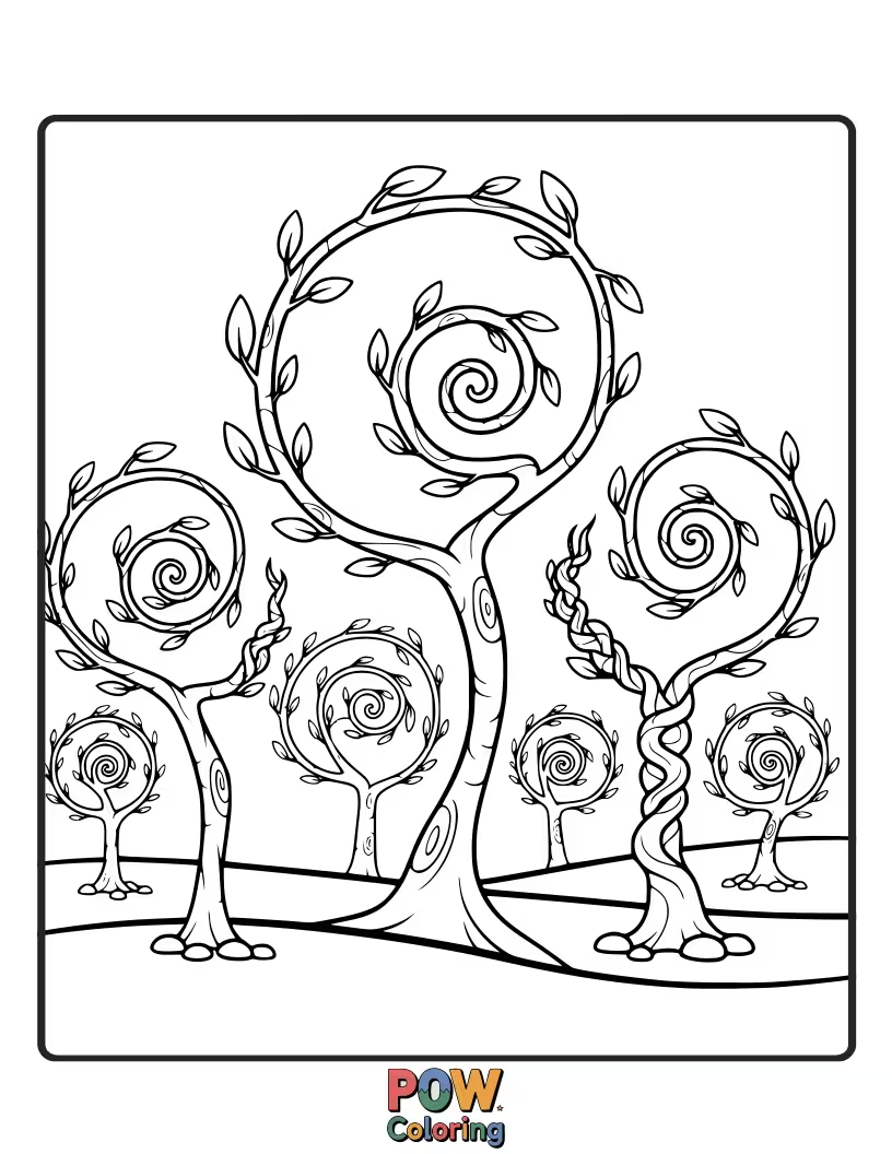 Free coloring page of Delightful trees made entirely of playfully swirling twigs, creating intricate and light patterns.