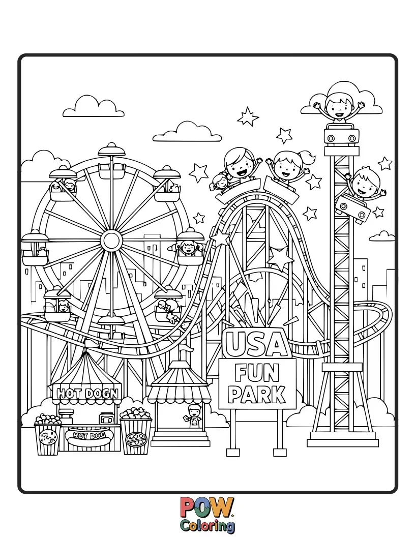Free coloring page of Color exciting roller coasters, Ferris wheels, and happy visitors enjoying the fun of an American amusement park.