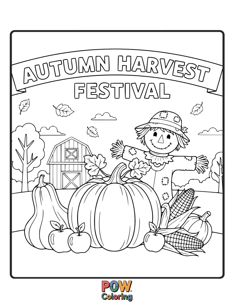 Free coloring page of Embrace the colors of fall with pumpkins, cornucopias, and cozy harvest scenes across America.