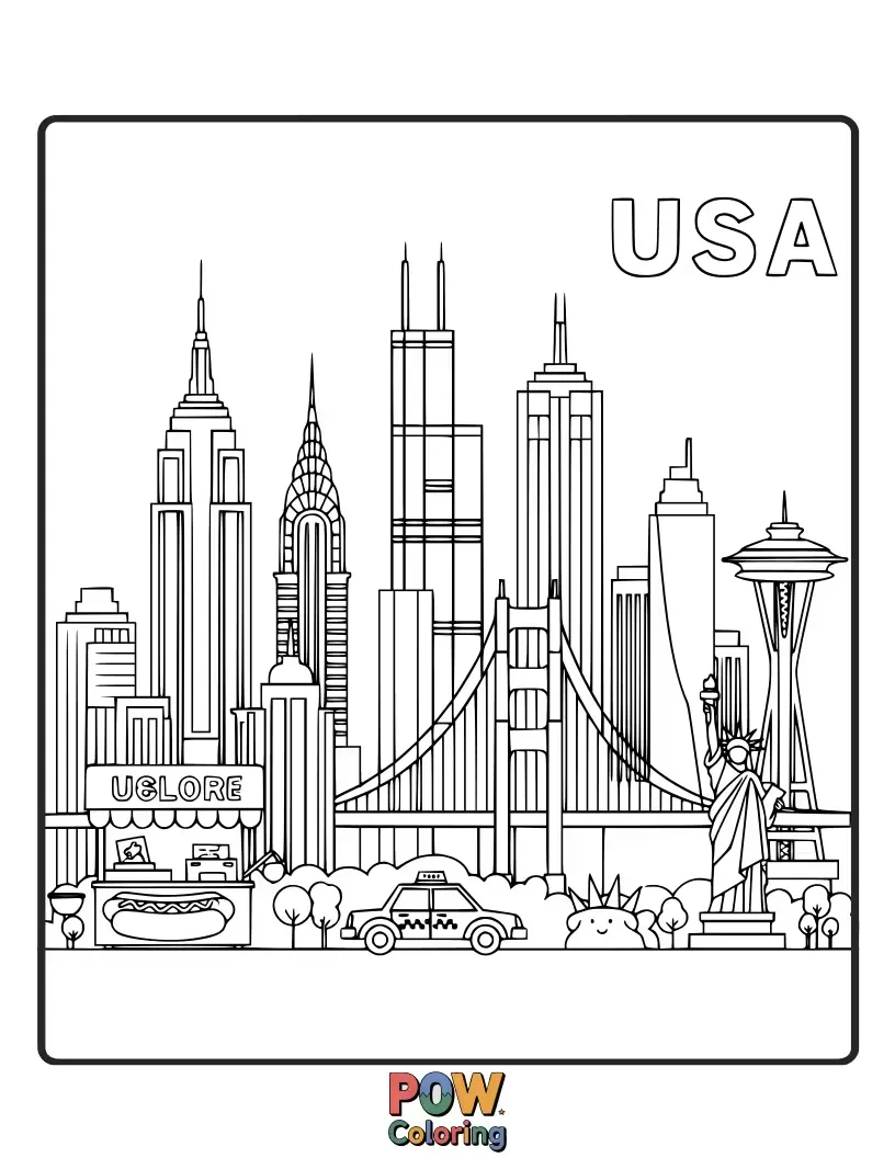 Free coloring page of Capture the grandeur of America's major cities with their distinctive and towering architectural marvels at dusk.