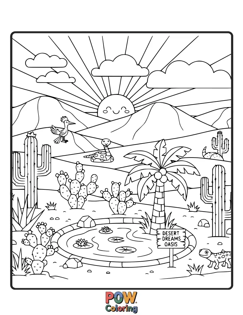 Free coloring page of Explore the beauty of America's arid regions, featuring cacti, mesas, and a vibrant desert sunset.