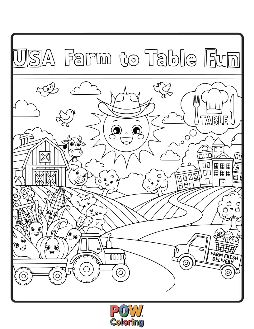 Free coloring page of Depict the journey of food from charming farms to delicious plates, celebrating American agriculture.