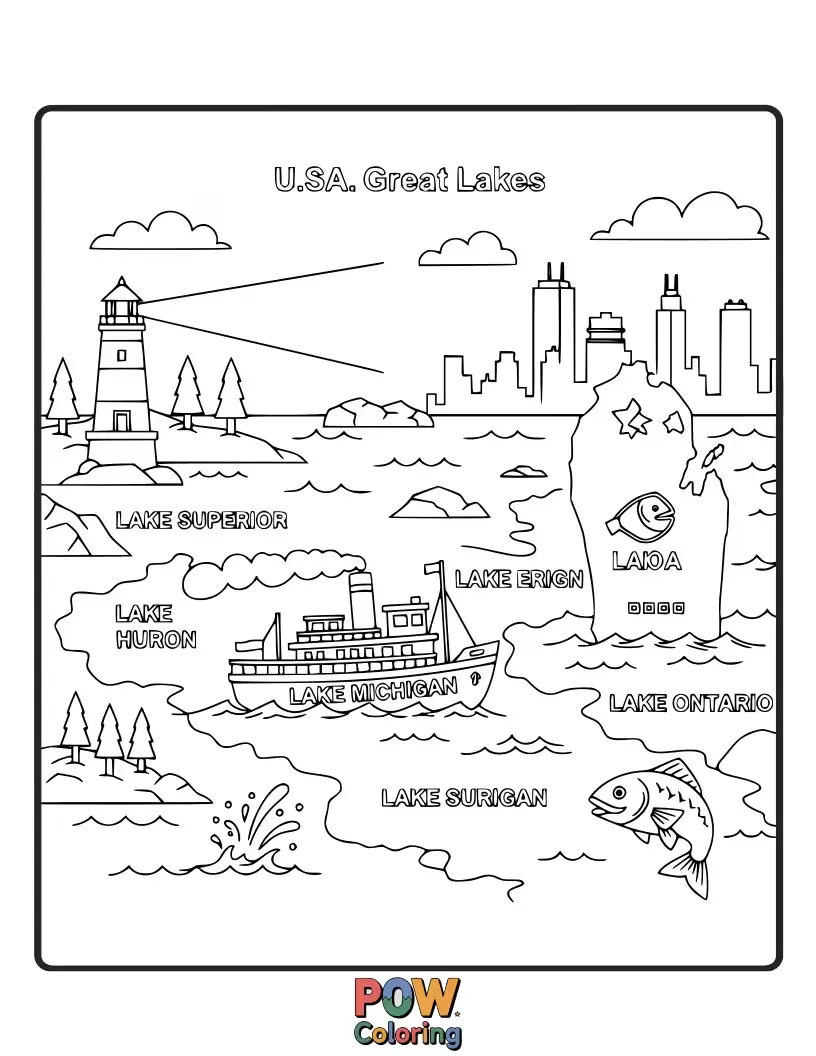 Free coloring page of Embark on a colorful journey across the majestic Great Lakes, featuring boats and serene waterscapes.
