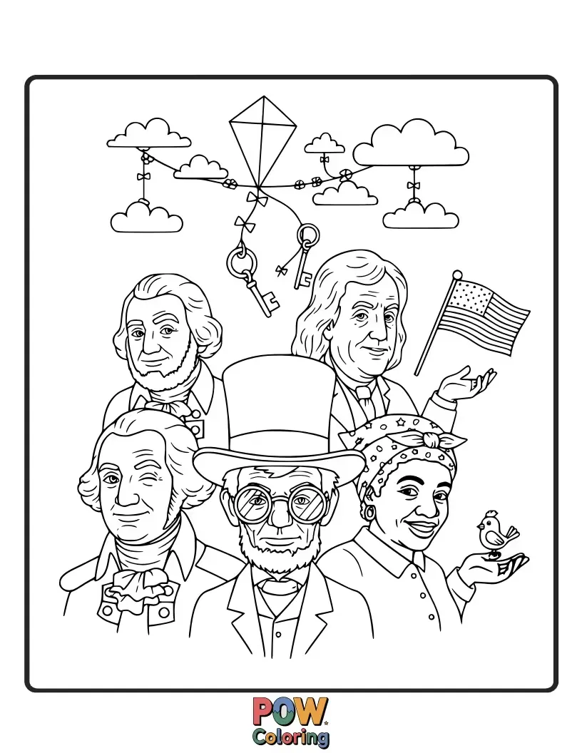 Free coloring page of Color the faces of influential Americans who shaped the nation: presidents, inventors, artists, and leaders.
