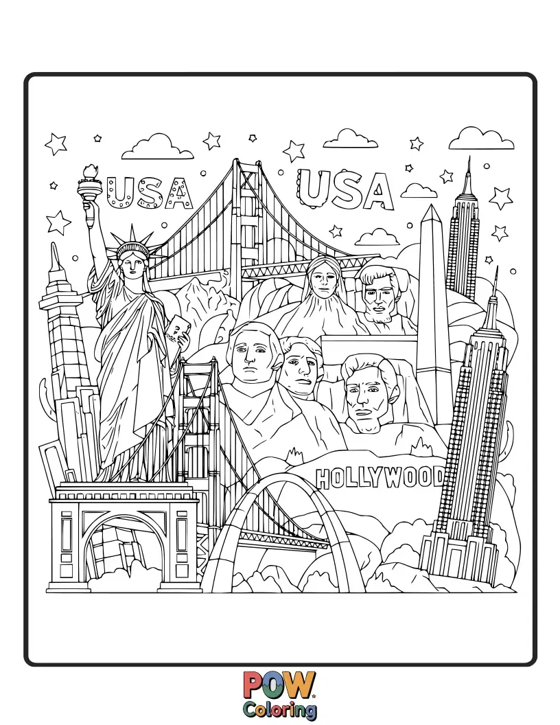 Free coloring page of A vibrant mix of America's most famous buildings and statues, perfect for a detailed coloring adventure.