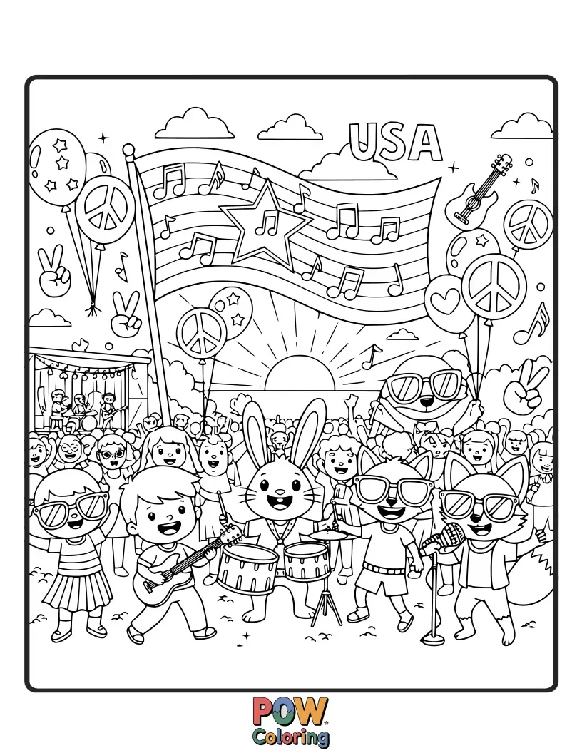 Free coloring page of Get into the groove with a lively scene of musicians performing and fans enjoying an outdoor American music festival.