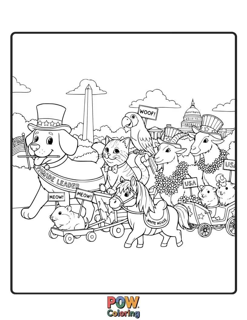 Free coloring page of A fun and whimsical page featuring the beloved pets that have lived in the White House.