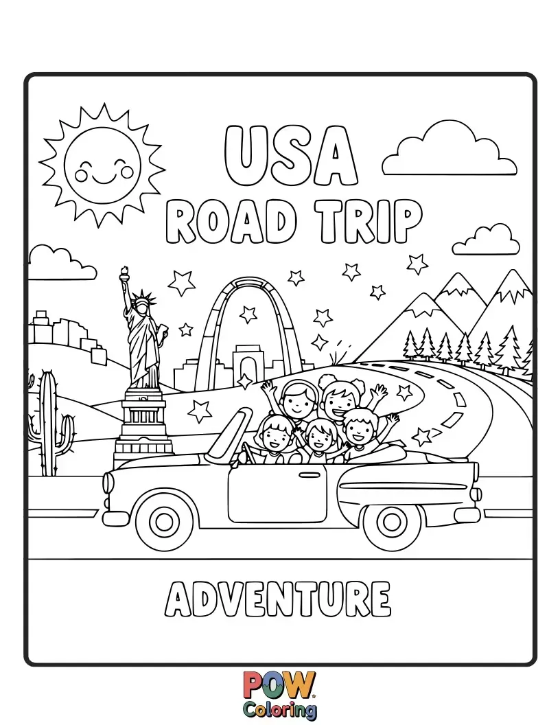 Free coloring page of Visualize an epic cross-country journey with diverse landscapes, from deserts to mountains, highlighting the vastness of America.