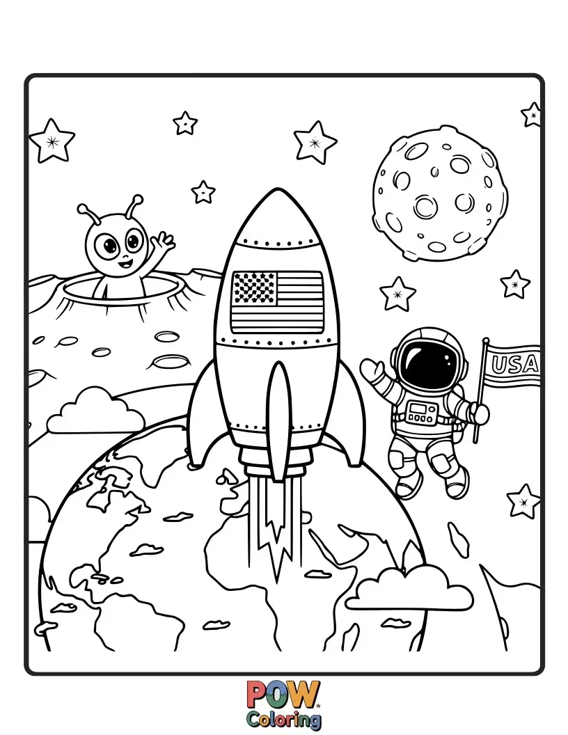 Free coloring page of Blast off into space with rockets, astronauts, and planets, celebrating America's pioneering spirit in space.