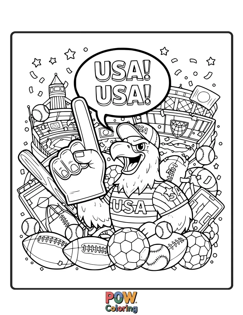 Free coloring page of Get ready for the big game! Color baseball, basketball, football, and hockey scenes with excited crowds.