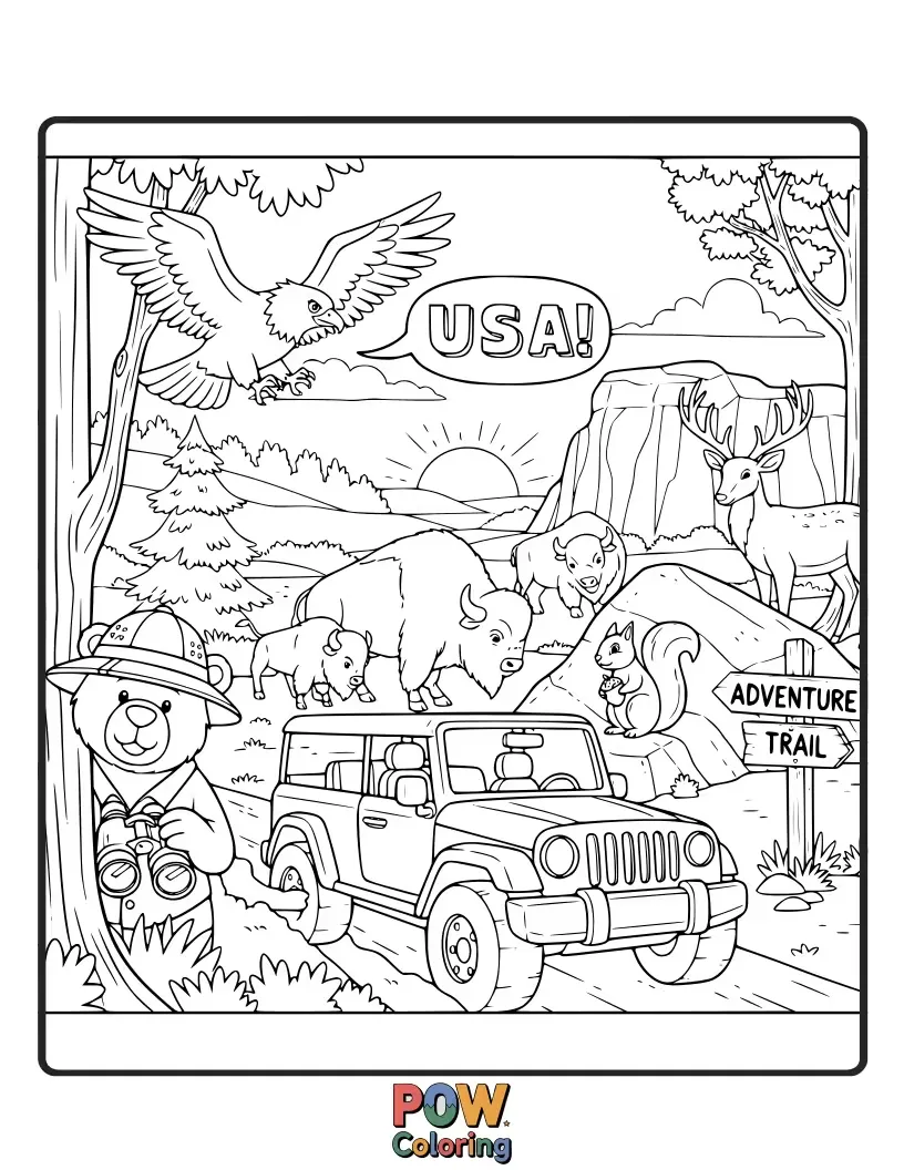 Free coloring page of Discover America's diverse fauna: bald eagles, bison, bears, deer, and more in their natural habitats.