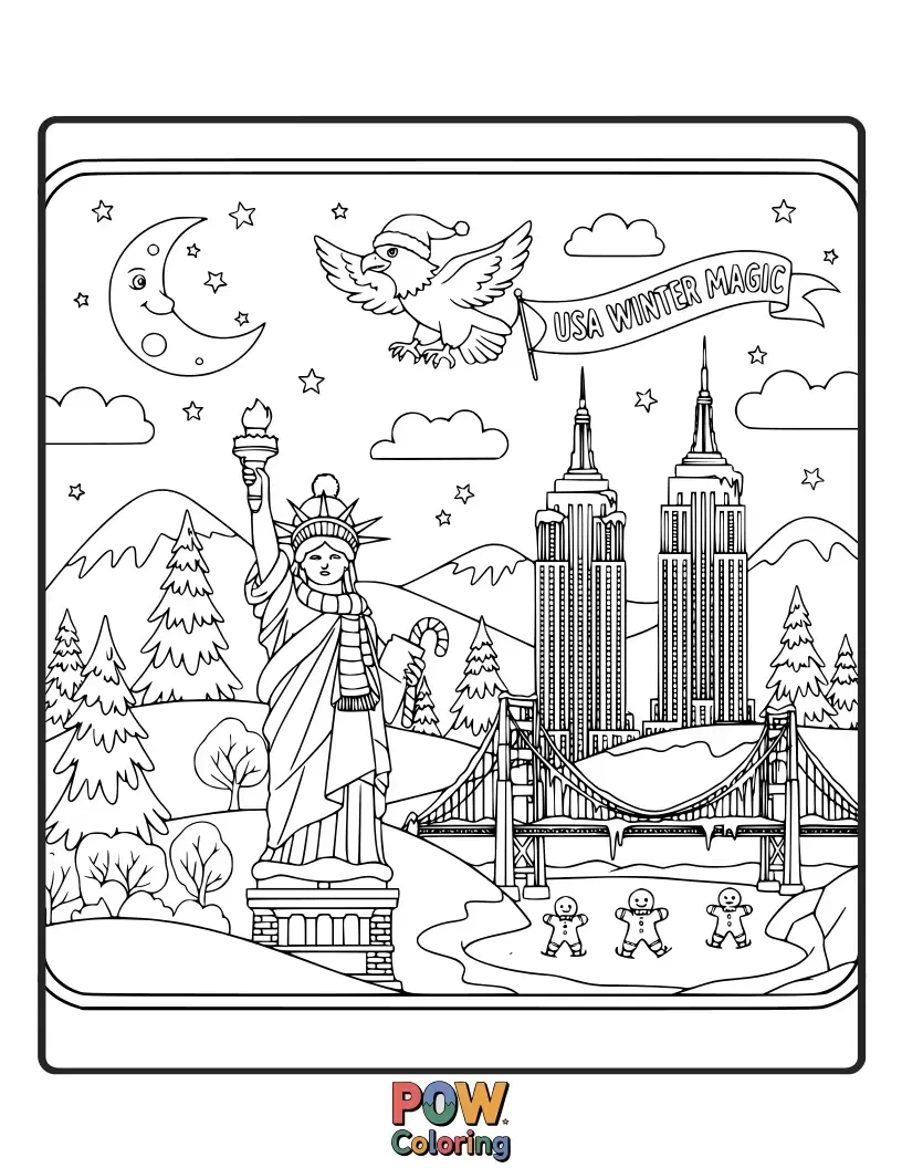 Free coloring page of Experience the charm of an American winter with snowy landscapes, cozy cabins, and holiday decorations.