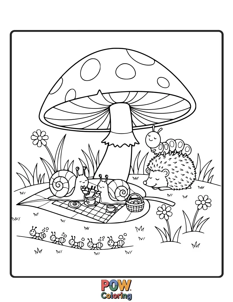 Free coloring page of A small pony taking a nap under a giant, polka-dotted mushroom.