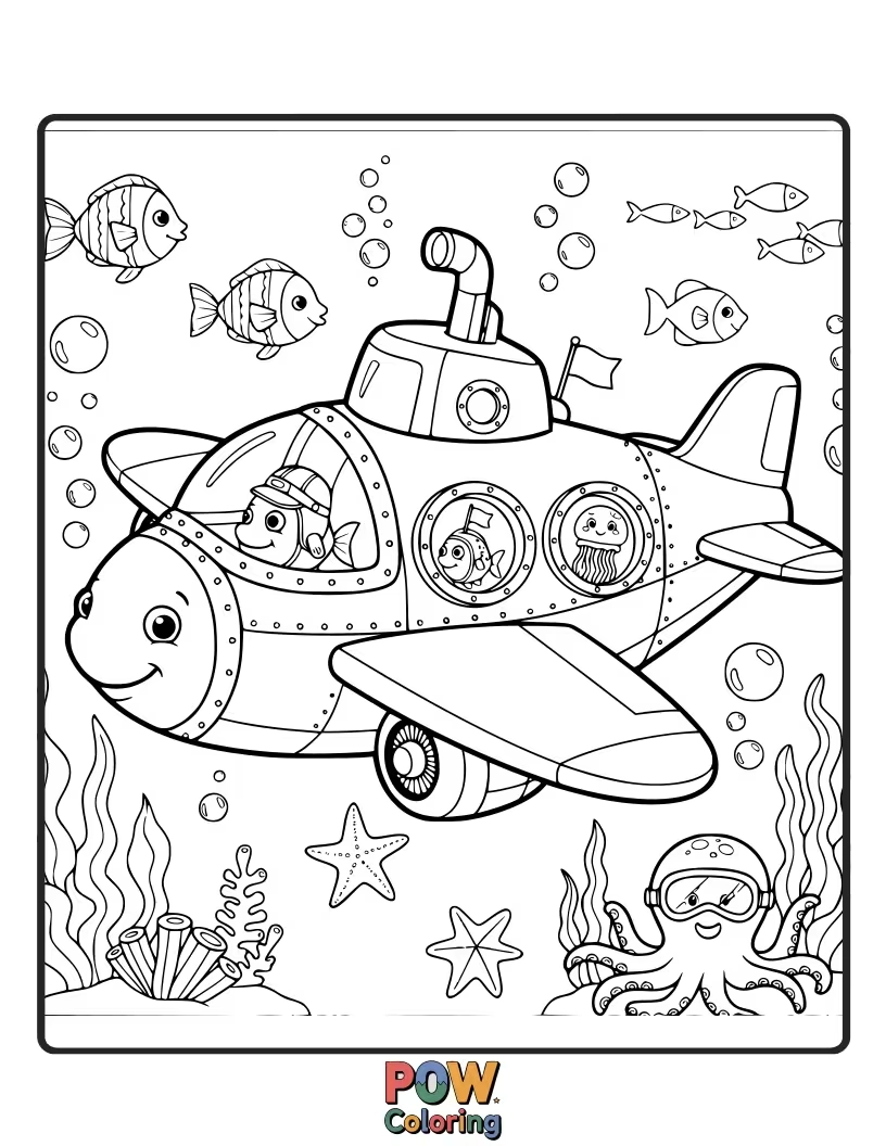 Free coloring page of An airplane transformed into a cheerful submarine, exploring a vibrant coral reef with playful sea creatures.