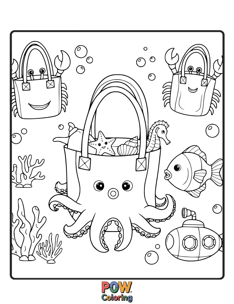 Free coloring page of Charming bags inspired by the ocean, featuring friendly fish, playful dolphins, and swirling seashells for a watery wonder.