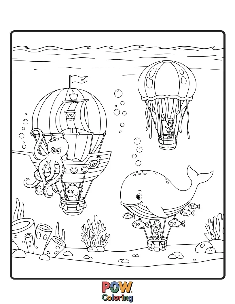 Free coloring page of Whimsical hot air balloons with seashell patterns floating among friendly sea creatures and bubbly water.