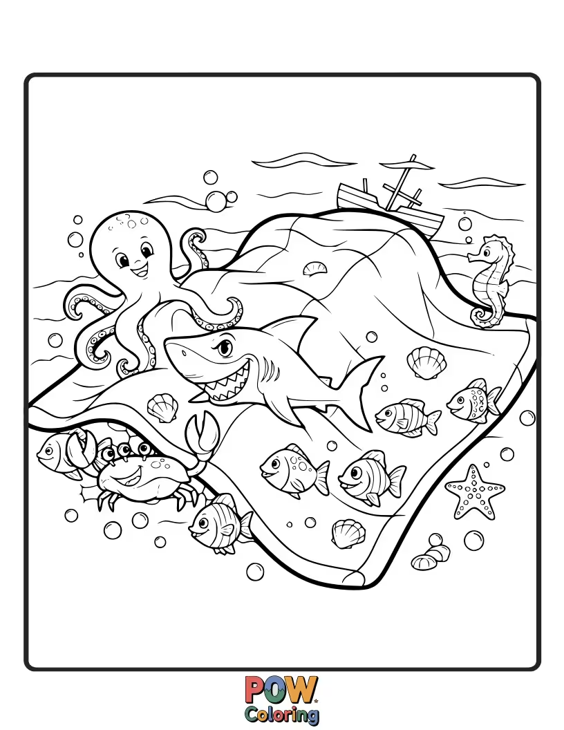 Free coloring page of Friendly fish and seaweed creating a delightful underwater blanket scene.