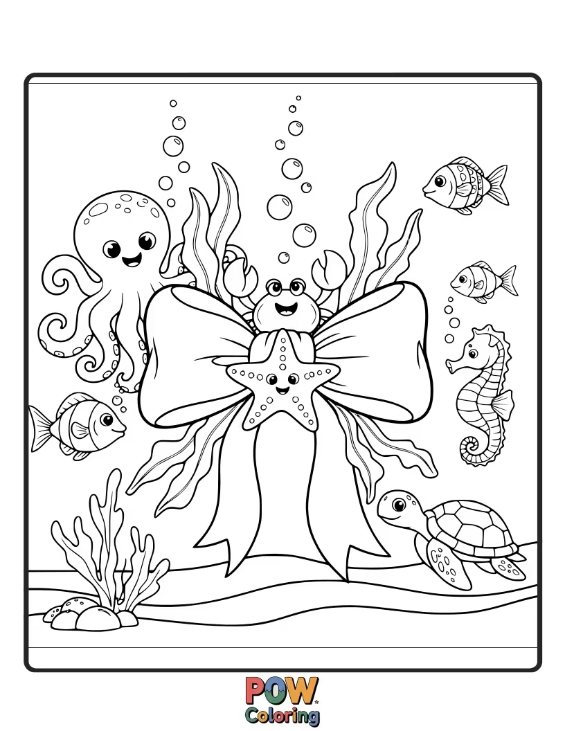 Free coloring page of A delightful bow adorned with playful fish, shimmering seashells, and delicate seaweed, bringing the ocean's charm to life.