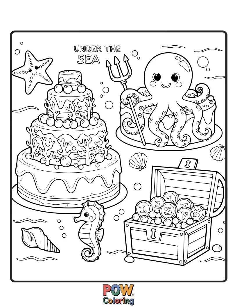 Free coloring page of Ocean-themed cakes featuring playful dolphins, colorful fish, and vibrant coral reefs in a watery wonderland.
