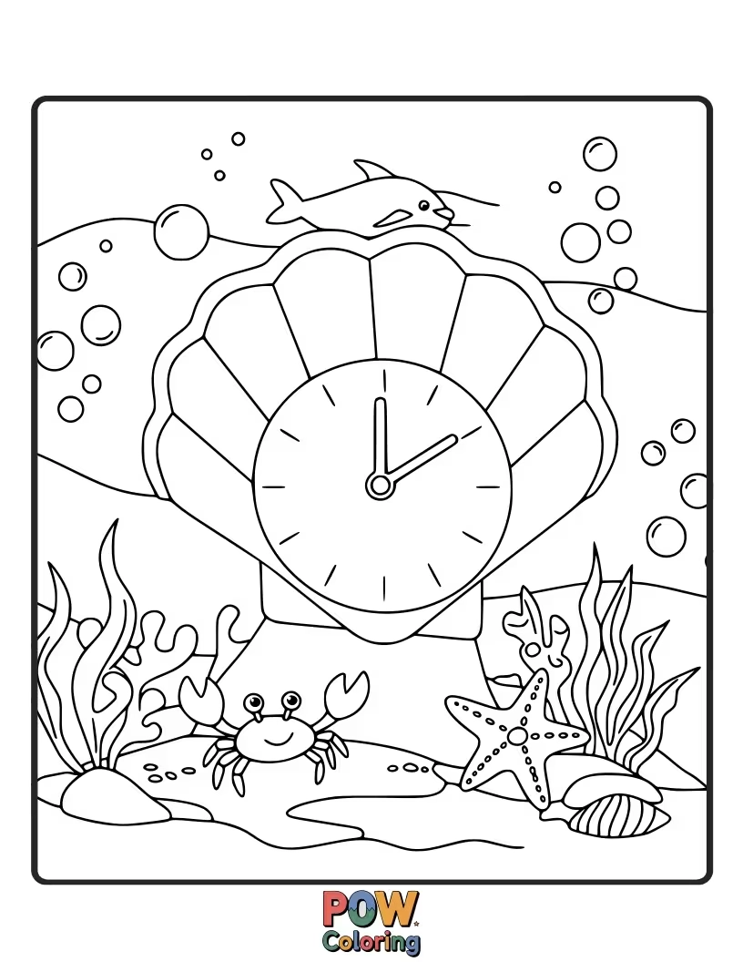 Free coloring page of An aquatic clock with playful fish, friendly dolphins, and colorful coral surrounding the numbers.