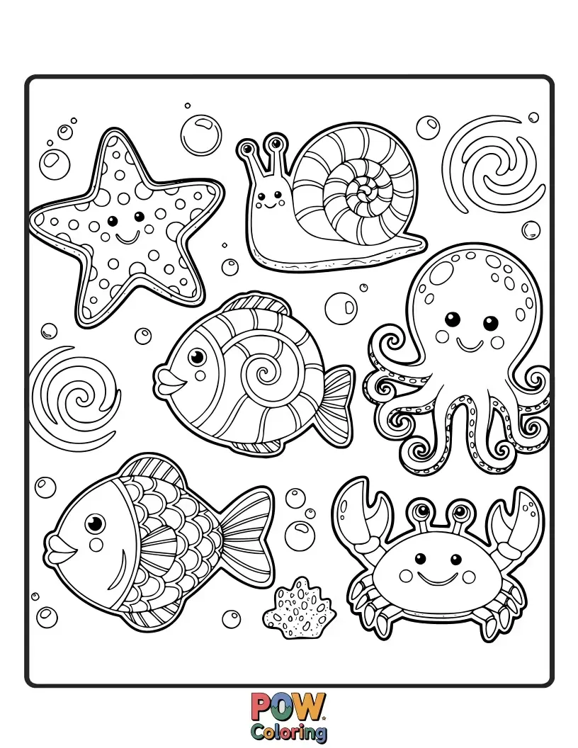 Free coloring page of Adorable cookies decorated as friendly fish, playful dolphins, and intricate coral reefs. A vibrant underwater world.