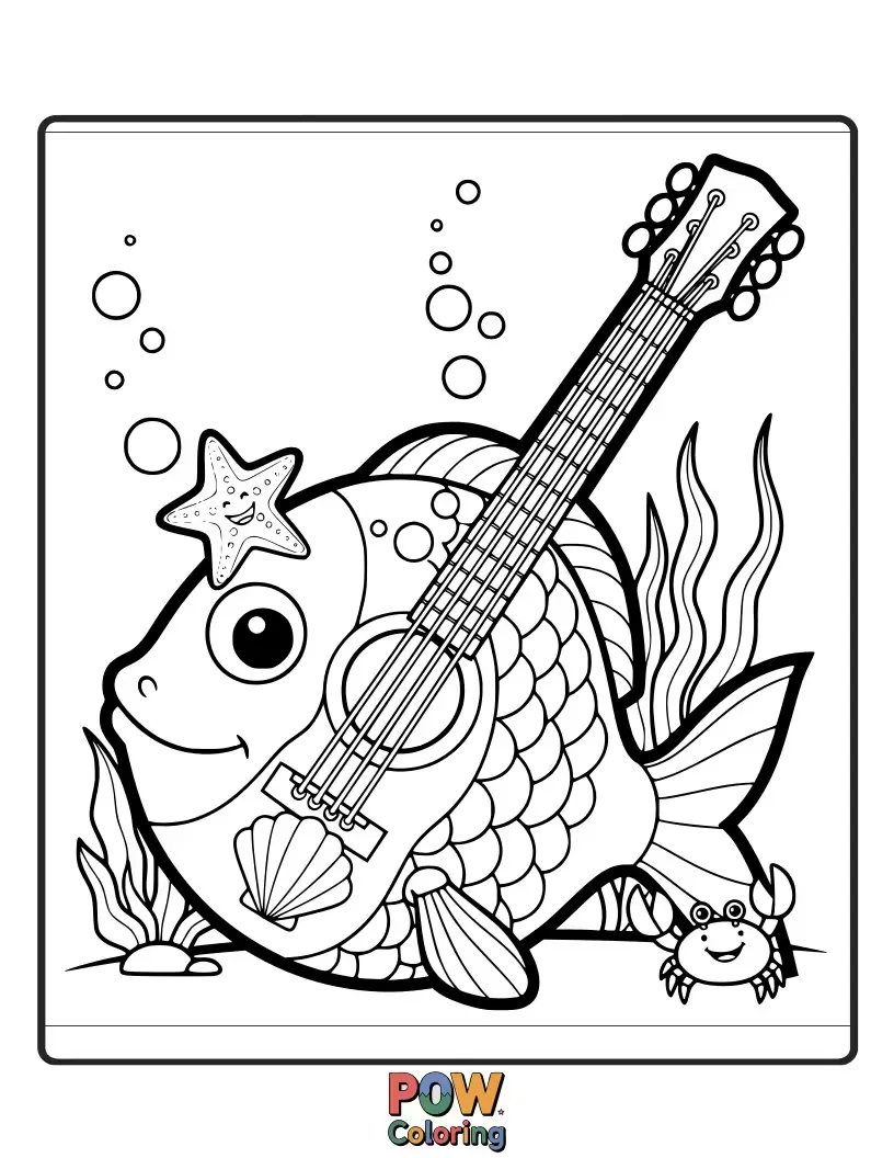 Free coloring page of A guitar adorned with coral, seashells, and friendly sea creatures swimming around.