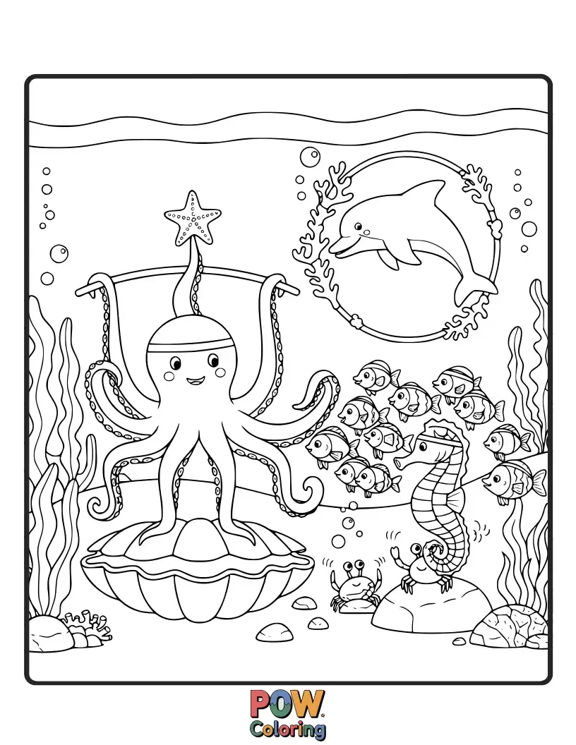 Free coloring page of A playful octopus performing a handstand on a starfish and fish doing synchronized flips in an ocean gym.