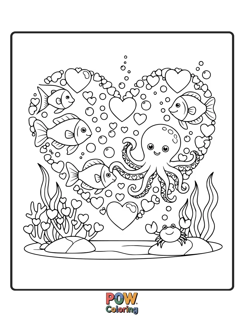 Free coloring page of Playful fish swimming around heart-shaped coral and seashells. A vibrant underwater world.