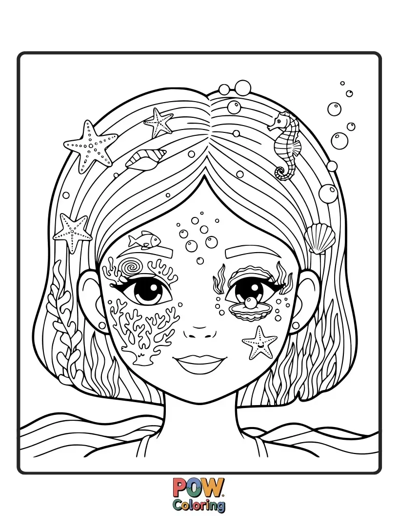 Free coloring page of Mermaid-themed makeup tools, like a seashell brush and pearl eyeshadow, nestled amongst coral. Dive into an aquatic beauty adventure.