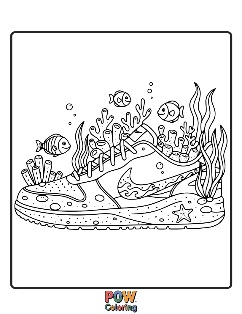 Free coloring page of Explore the depths with this charming Nike shoe decorated with playful fish, coral, and bubbling treasures.