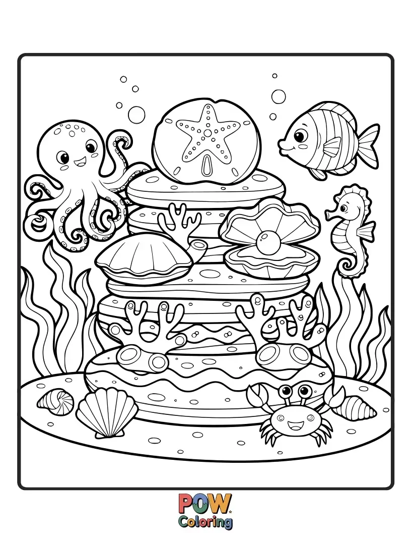 Free coloring page of Pancakes shaped like seashells and starfish, swimming in a bubbly ocean scene with friendly fish.